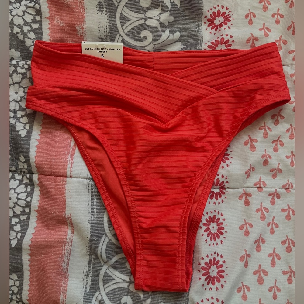 AEROPOSTALE Swim Ultra High Rise High Leg Cheeky Crossover Coral Bottoms